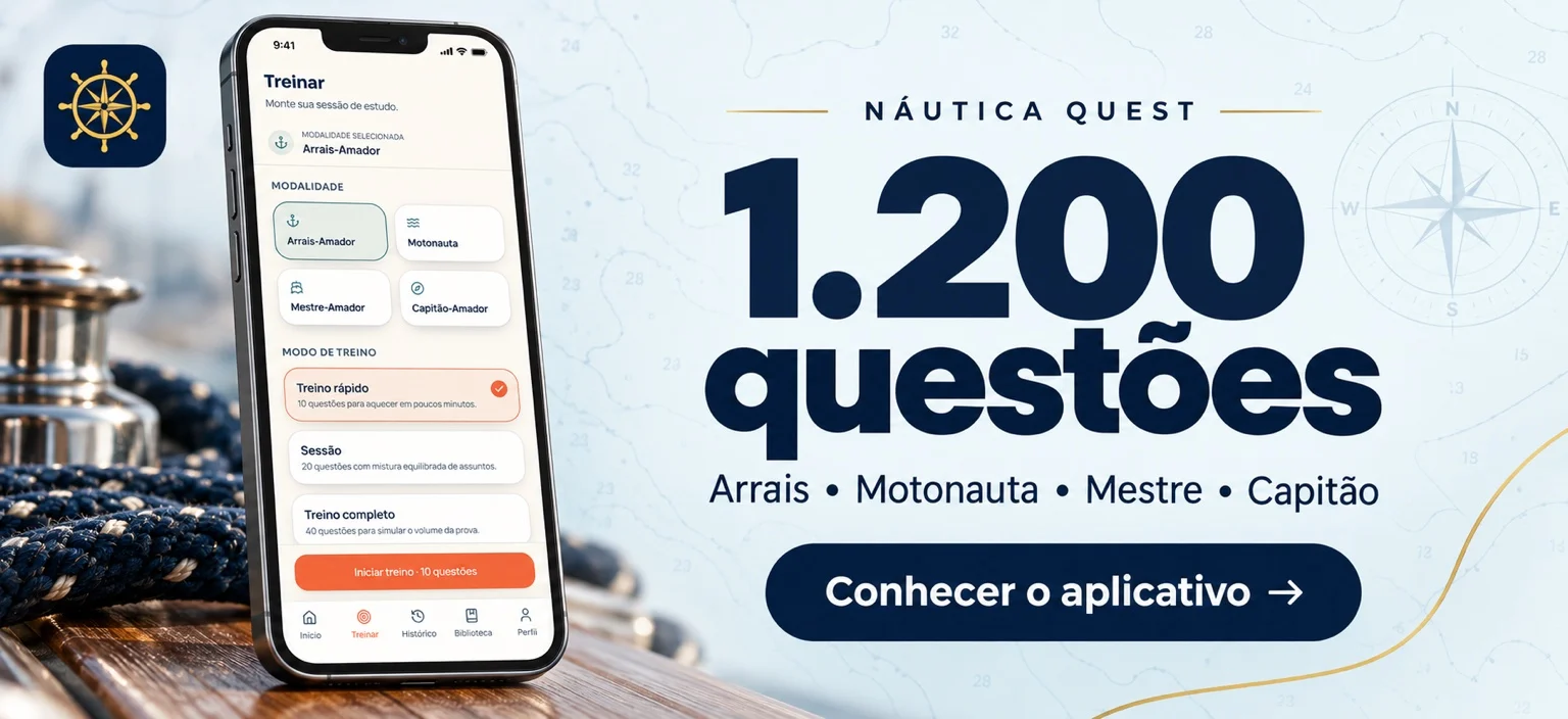 Náutica Quest. 1.200 questões. Arrais, Motonauta, Mestre e Capitão. Conhecer o aplicativo.